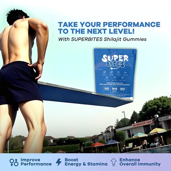 A 1:1 ratio ad creative for Shilajit Gummies using a high-energy athletic visual combined with clear, benefit-driven bullet points for consumer education.